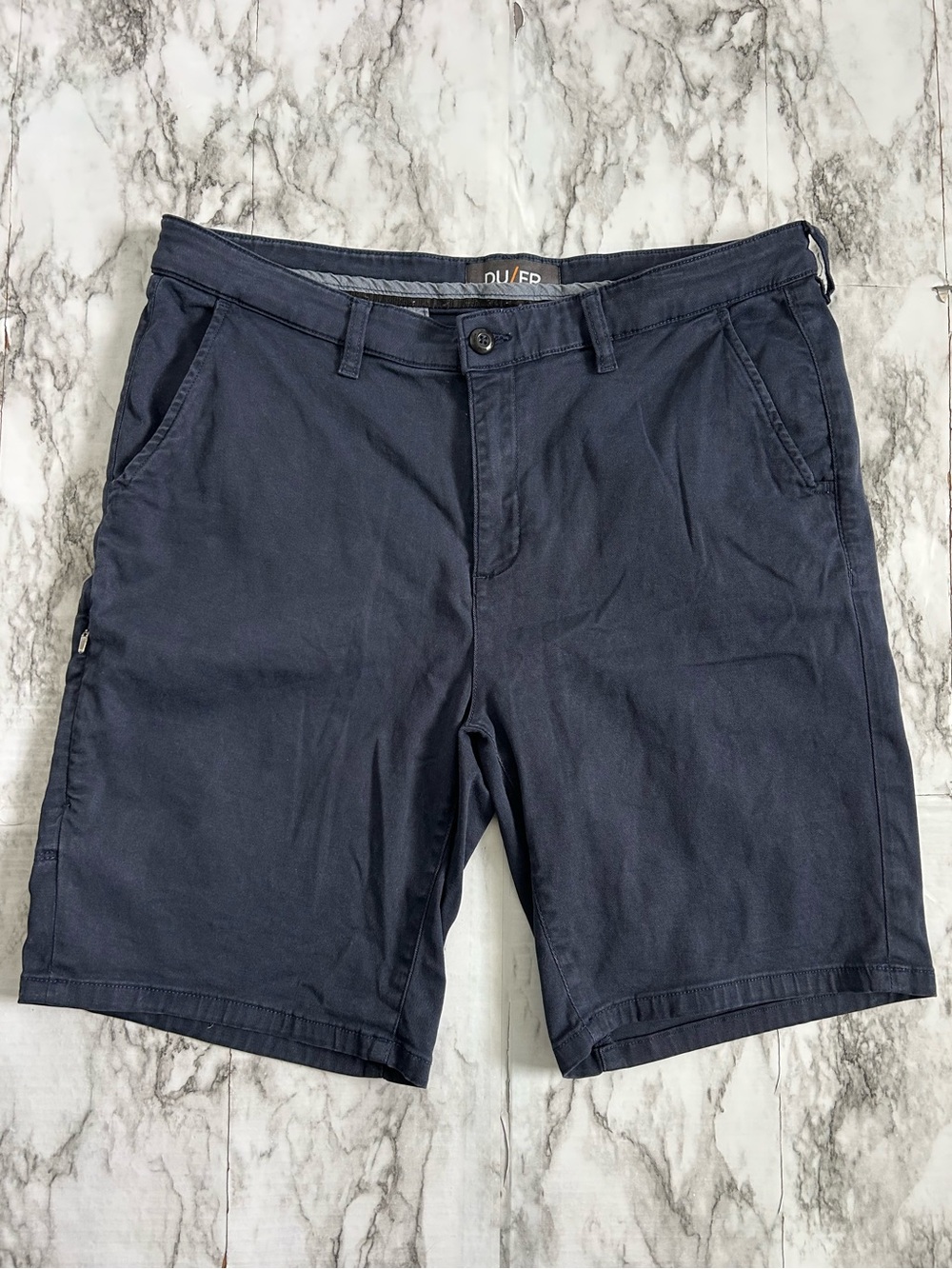 DU/ER DUER | Men's size 34 Navy Blue Shorts 8” inseam